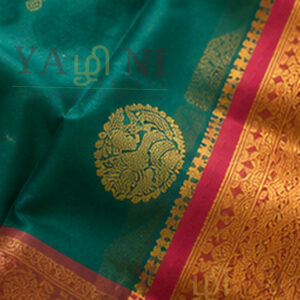 Peacock Green Soft Silk Saree with Pink Border & Traditional Gold Zari Weaving