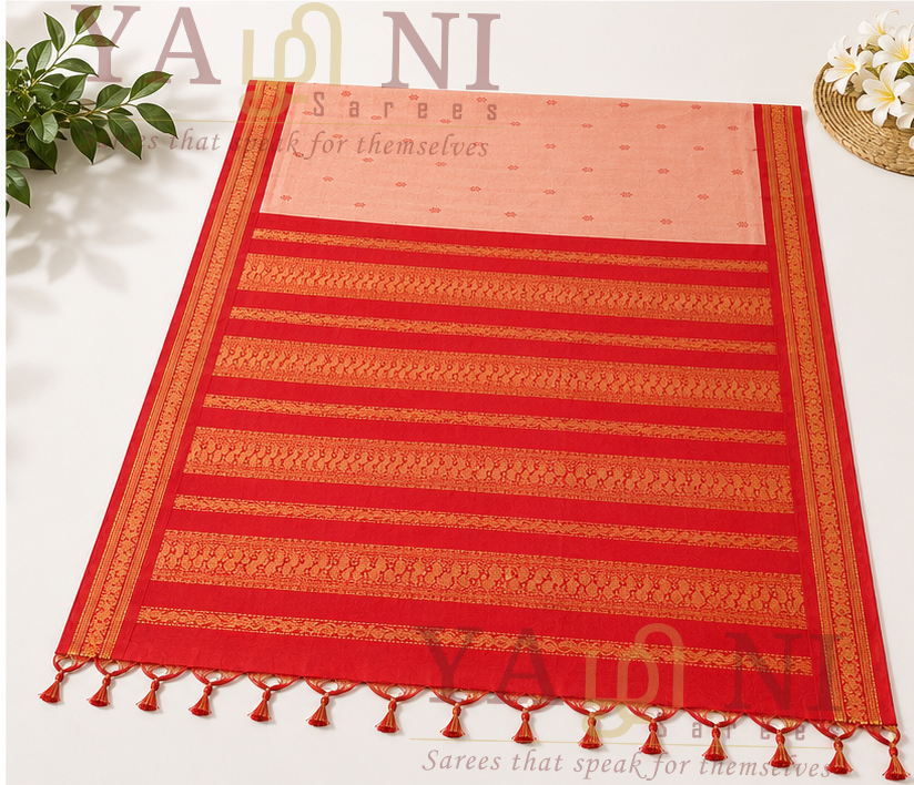 Peach Cotton Saree with Vermilion Red Zari Border & Pallu - Image 1