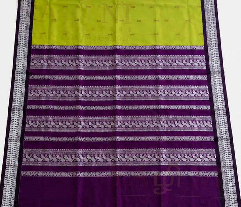 Lime Green Cotton Saree with Royal Purple Traditional Woven Border - Image 1