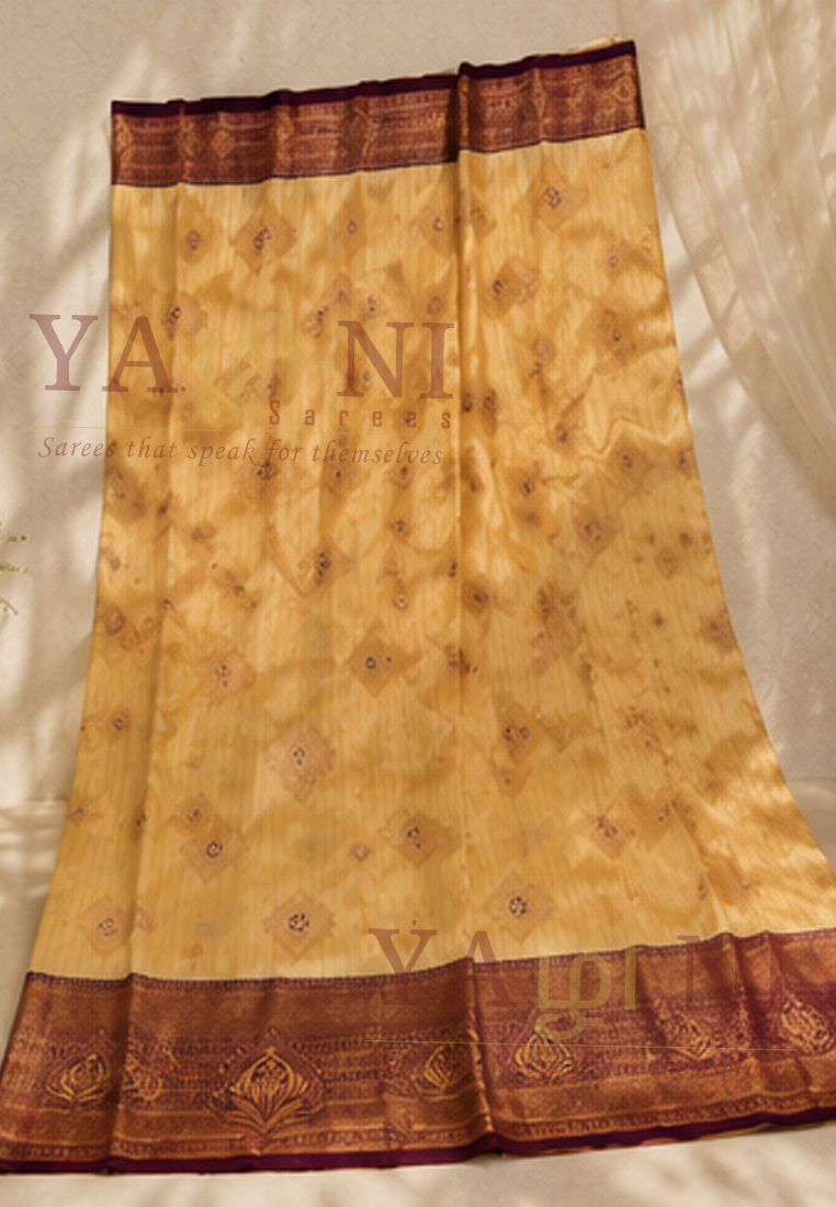Elegant Cream Gold Silk Saree with Copper Zari Border - Image 1