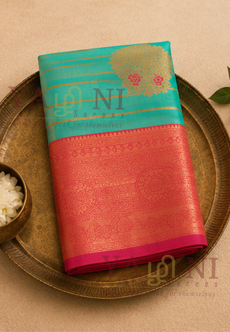 Turquoise Blue with Coral Pink Zari Border & Pallu - Image 4