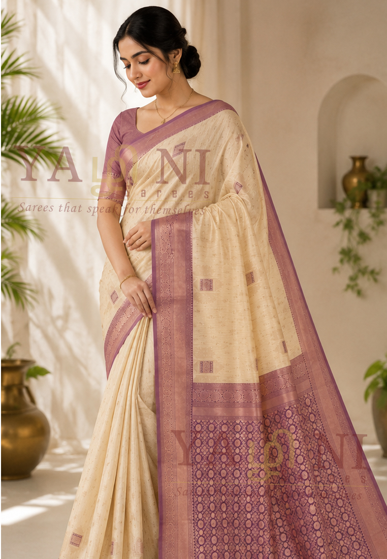 Ivory Cream with Mauve Zari Border & Designer Pallu