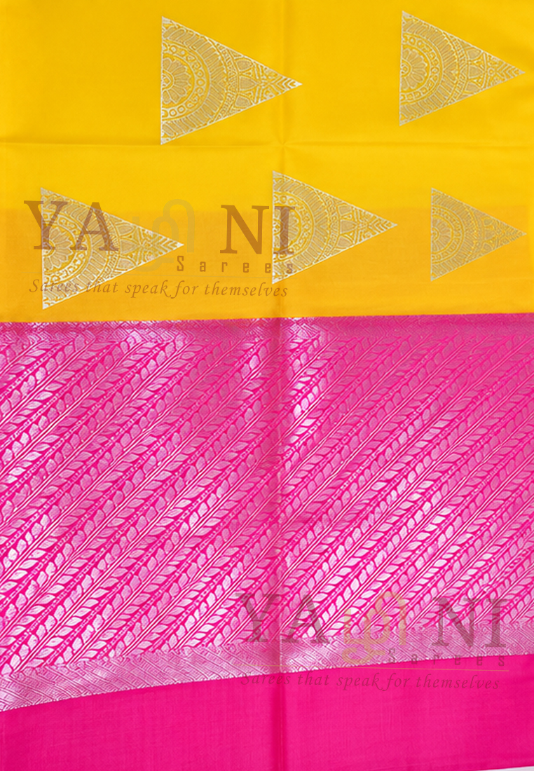 Radiant Yellow & Pink Soft Silk Saree with Silver Zari Weaving - Image 1