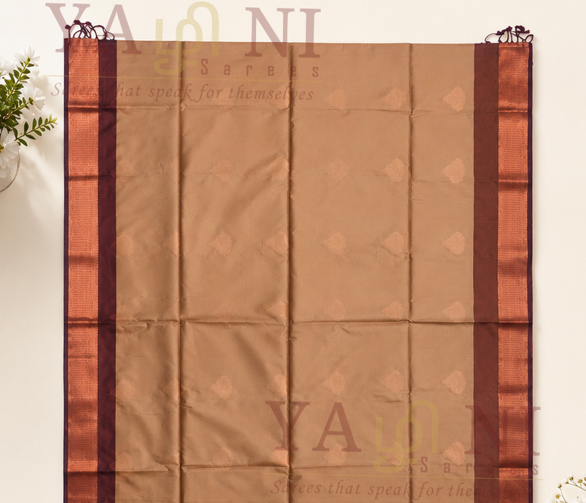Coffee Brown Soft Silk Saree with Copper Zari Border - Image 1