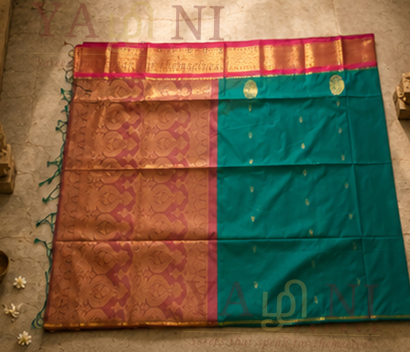 Peacock Green Soft Silk Saree with Pink Border & Traditional Gold Zari Weaving - Image 2