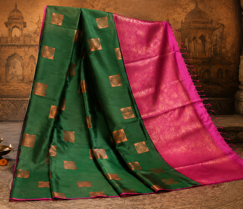 Emerald Green Soft Silk Saree with Pink Brocade Pallu & Antique Gold Motifs - Image 2
