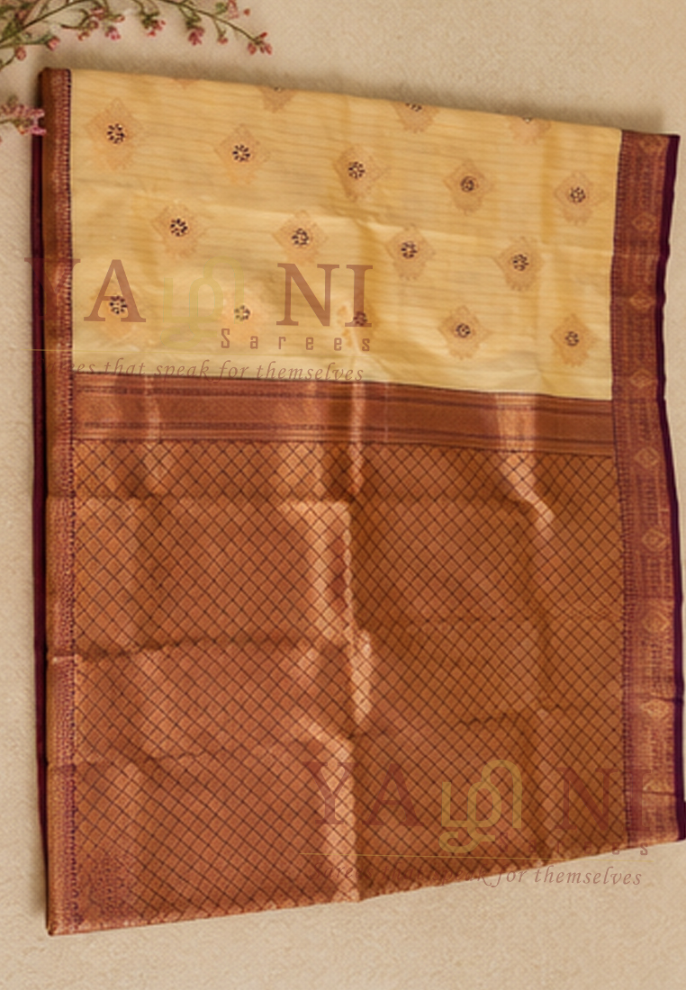 Elegant Cream Gold Silk Saree with Copper Zari Border - Image 2