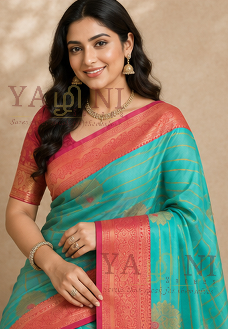Turquoise Blue with Coral Pink Zari Border & Pallu