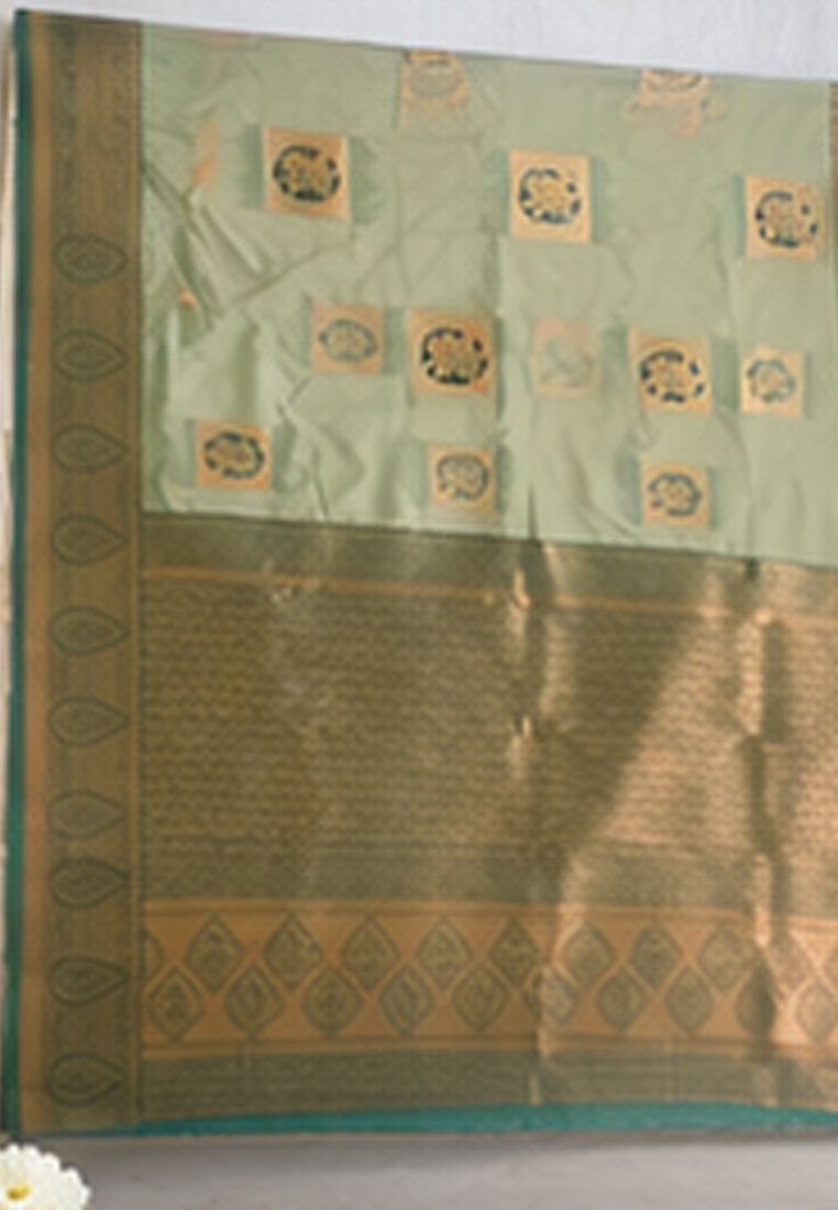 Sage Green with Teal Zari Border & Floral Motifs