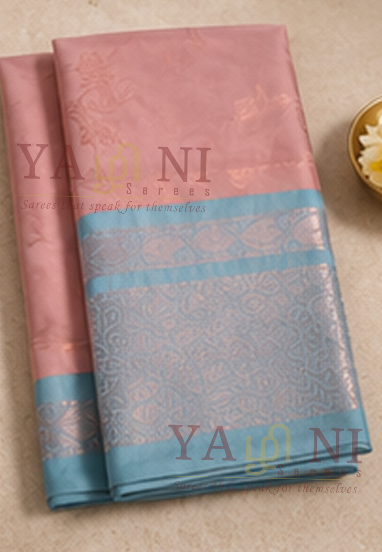Dusty Pink Soft Silk Saree with Sky Blue Zari Border & Pallu
