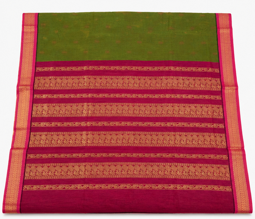 Olive Green & Rani Pink Traditional Cotton Saree with Gold Zari Border - Image 2