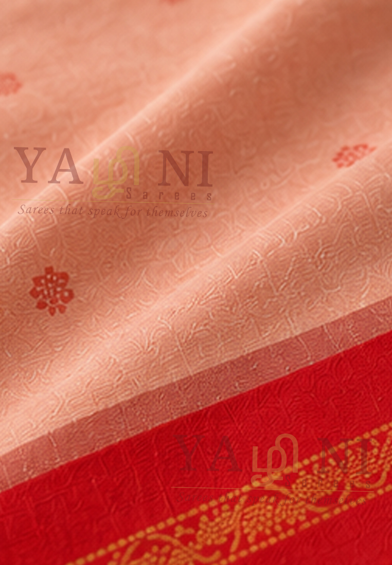Peach Cotton Saree with Vermilion Red Zari Border & Pallu - Image 3