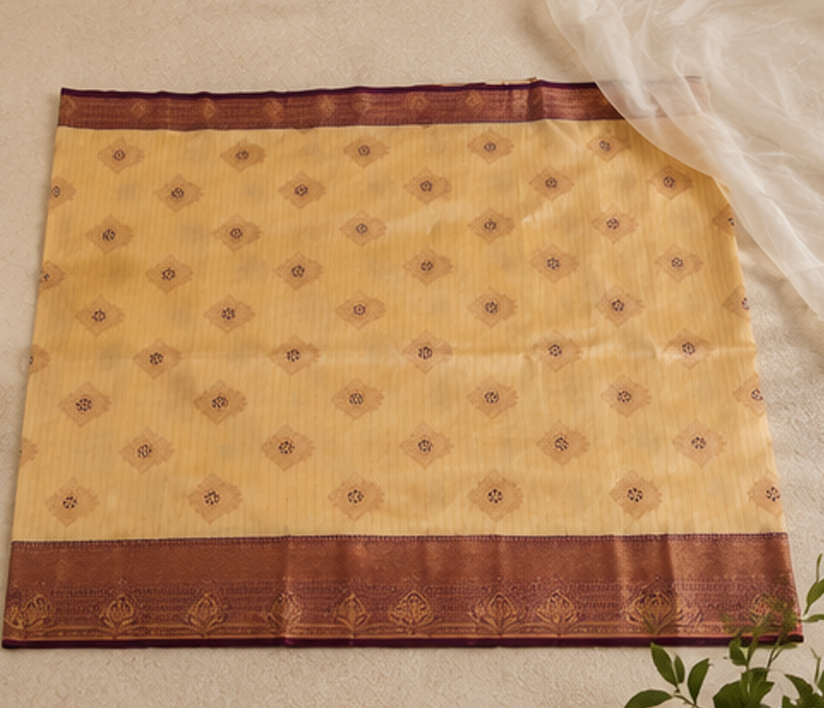 Elegant Cream Gold Silk Saree with Copper Zari Border - Image 3