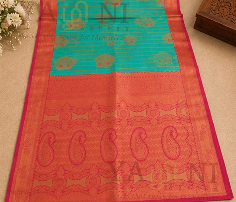 Turquoise Blue with Coral Pink Zari Border & Pallu - Image 2