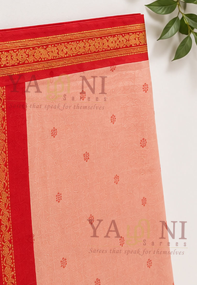 Peach Cotton Saree with Vermilion Red Zari Border & Pallu - Image 4