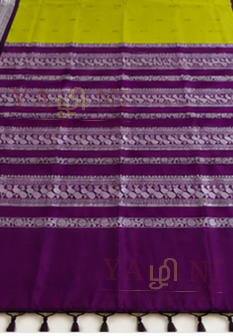 Lime Green Cotton Saree with Royal Purple Traditional Woven Border