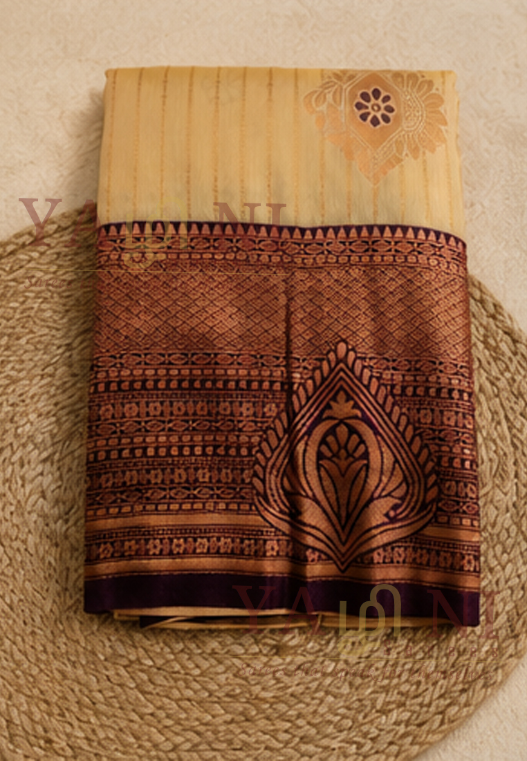 Elegant Cream Gold Silk Saree with Copper Zari Border