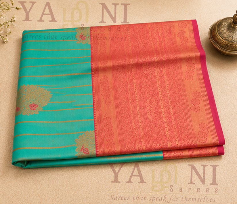 Turquoise Blue with Coral Pink Zari Border & Pallu - Image 1