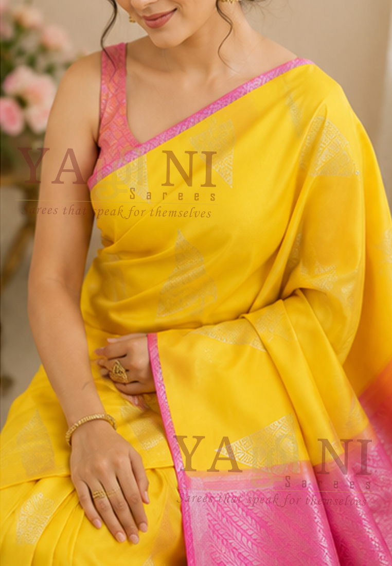 Radiant Yellow & Pink Soft Silk Saree with Silver Zari Weaving