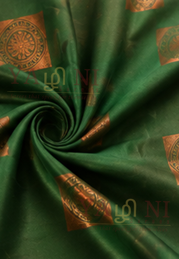 Emerald Green Soft Silk Saree with Pink Brocade Pallu & Antique Gold Motifs