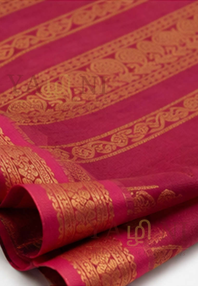 Olive Green & Rani Pink Traditional Cotton Saree with Gold Zari Border - Image 4