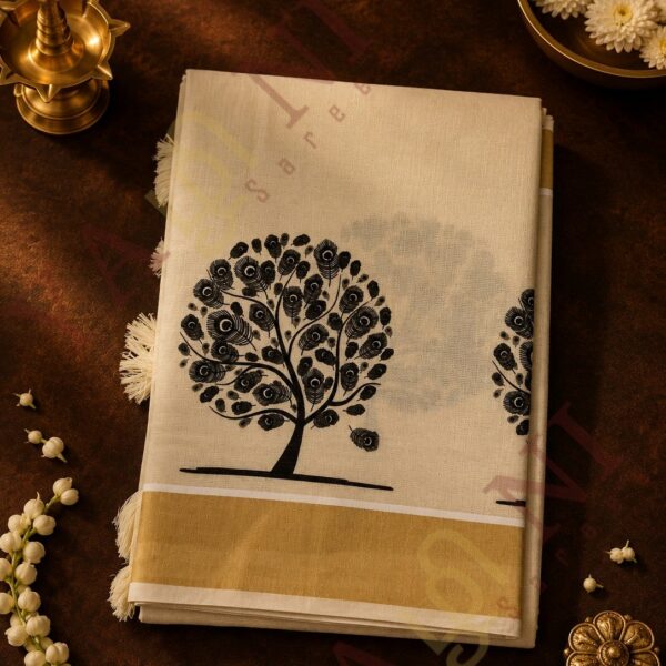 Onam Special Kerala Kasavu Cotton Saree with Peacock Feather Tree