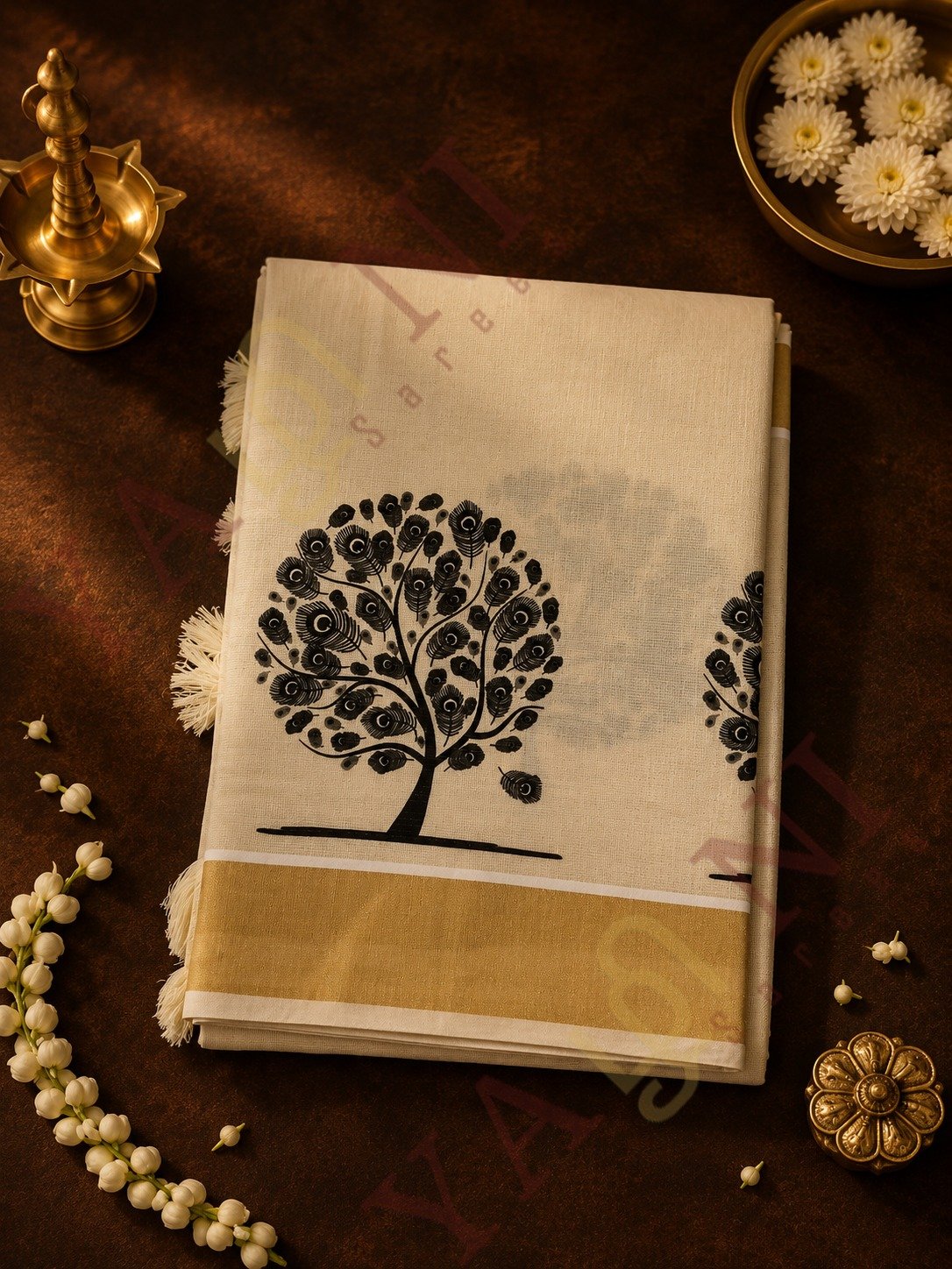 Onam Special Kerala Kasavu Cotton Saree with Peacock Feather Tree