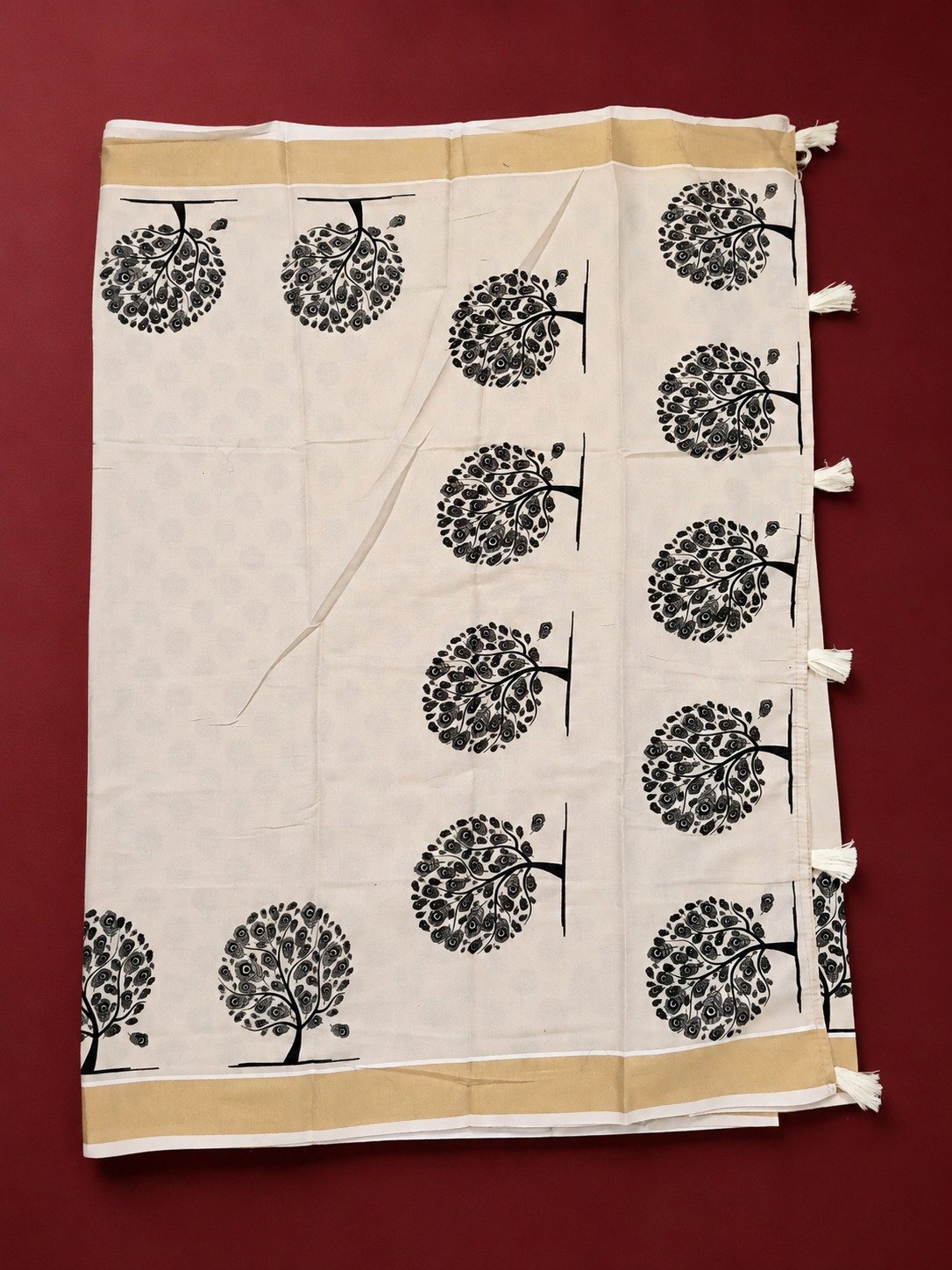 Onam Special Kerala Kasavu Cotton Saree with Peacock Feather Tree - Image 1